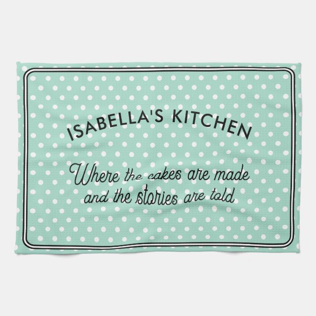 Pretty Polka Dot Patterned Light Aqua Kitchen Tea Towel (Horizontal)