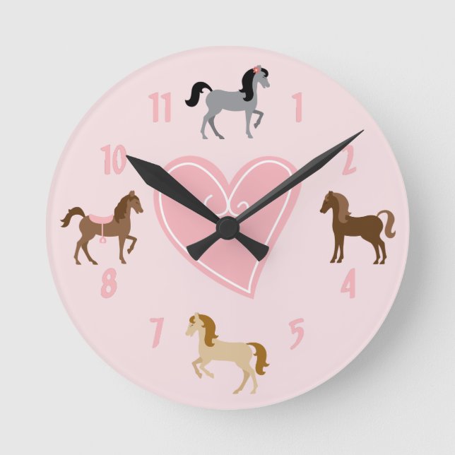 Pretty Ponies and Pink Heart Cute Horse Round Clock (Front)