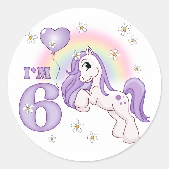 Pretty Pony 6th Birthday Classic Round Sticker (Front)