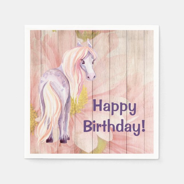 Pretty Pony and Daisies Barn Wood Horse Birthday Napkin (Front)
