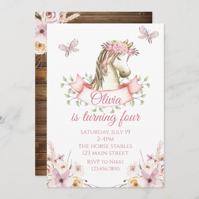 Pretty pony birthday invitation floral boho horse (Front/Back)