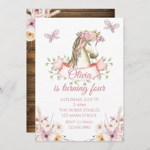 Pretty pony birthday invitation floral boho horse