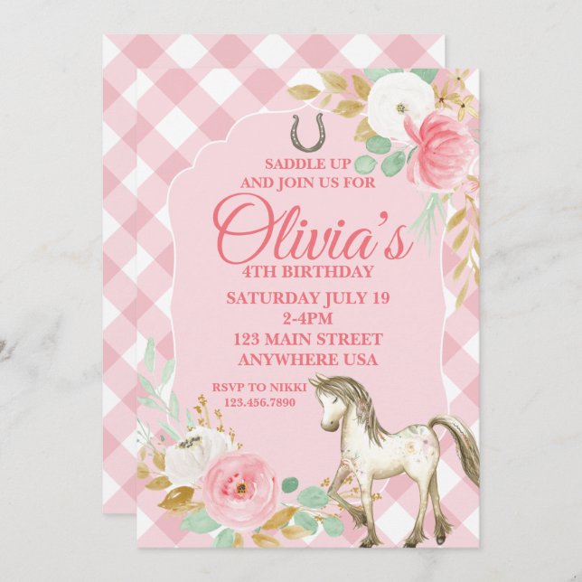 Pretty pony birthday invitation floral boho horse (Front/Back)