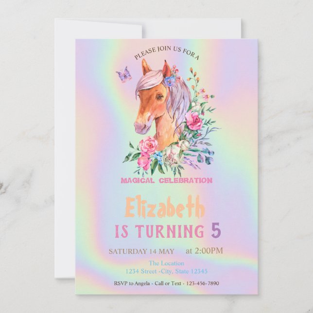 Pretty Pony Flowers Holographic Birthday Invitation (Front)