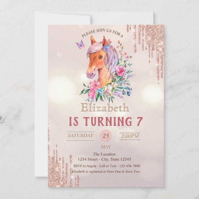 Pretty Pony Glitter Drips Bokeh Birthday Invitation (Front)