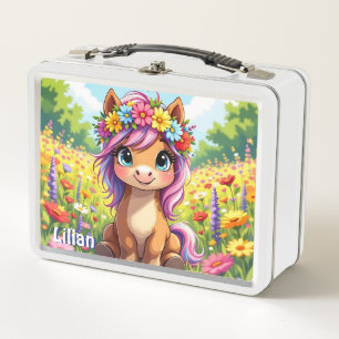 Pretty Pony with Flowers Personalized Metal Lunch Box
