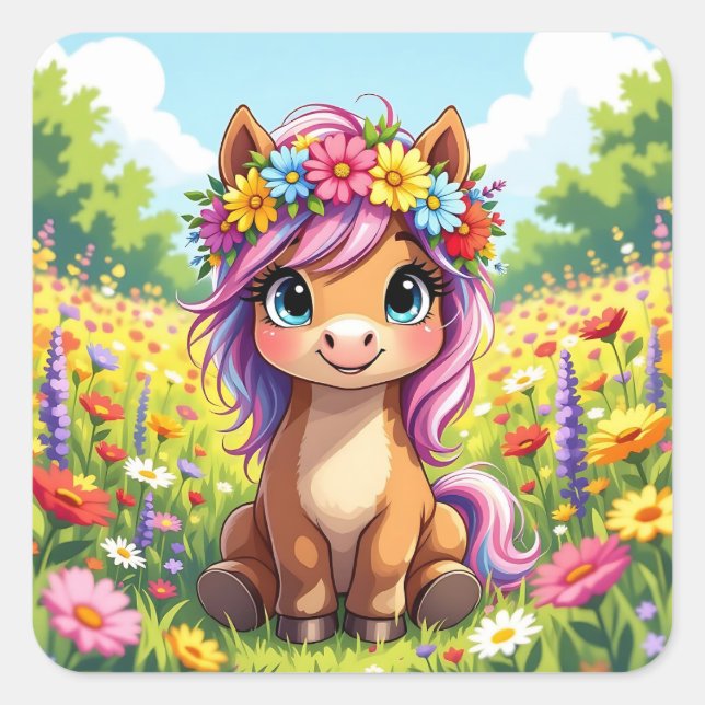 Pretty Pony with Flowers Square Sticker (Front)