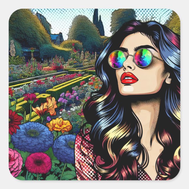 Pretty Pop Art Comic Book Style Woman in Garden Square Sticker (Front)