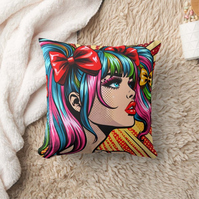 Pretty Pop Art Comic Girl with Bows Cushion (Blanket)
