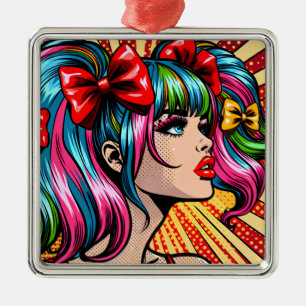 Pretty Pop Art Comic Girl with Bows Metal Ornament