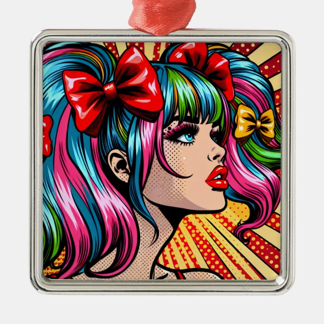 Pretty Pop Art Comic Girl with Bows Metal Ornament (Front)