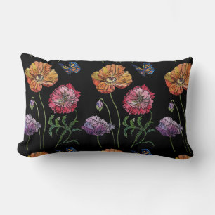 Pretty Poppies Black Watercolour Flowers Floral Cu Lumbar Cushion