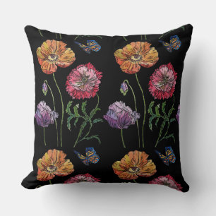 Pretty Poppies Black Watercolour Flowers Floral Cushion