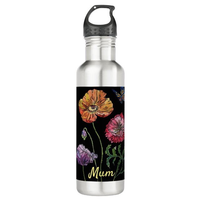 Pretty Poppies on Black Watercolour Painting 710 M 710 Ml Water Bottle (Front)