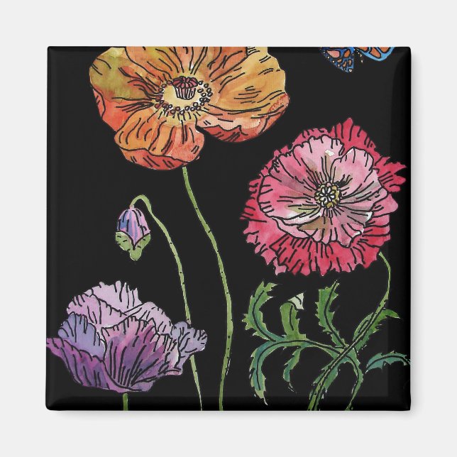 Pretty Poppies on Black Watercolour Painting Magnet (Front)