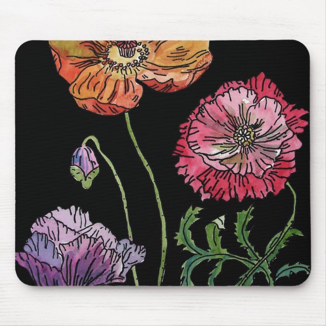 Pretty Poppies on Black Watercolour Painting Mouse Pad (Front)