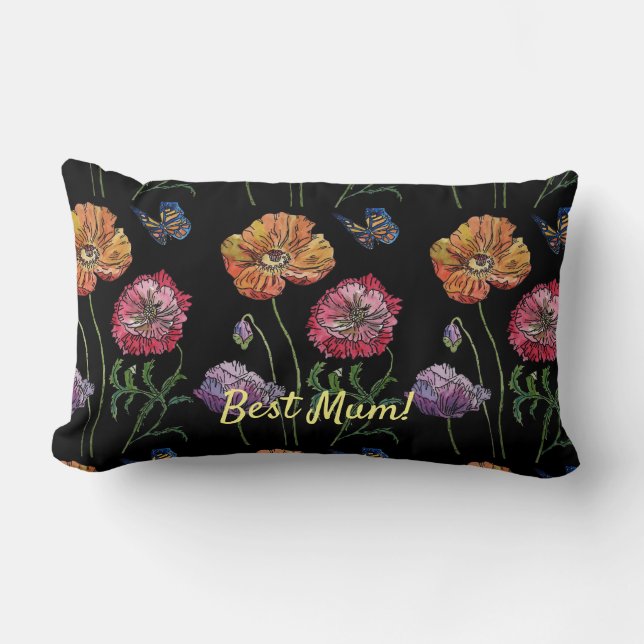 Pretty Poppies on Black Watercolour Painting Mum  Lumbar Cushion (Front)