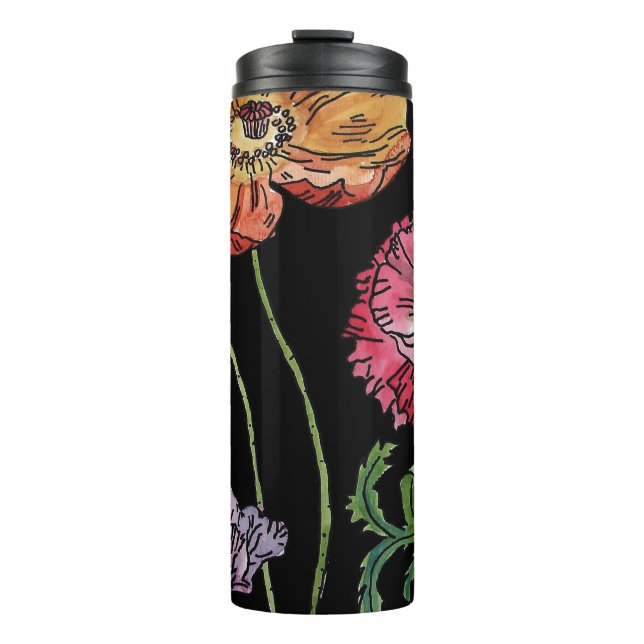 Pretty Poppies on Black Watercolour Painting Thermal Tumbler (Front)