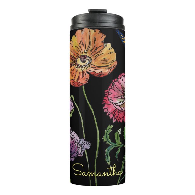 Pretty Poppies on Black Watercolour Painting Thermal Tumbler (Front)