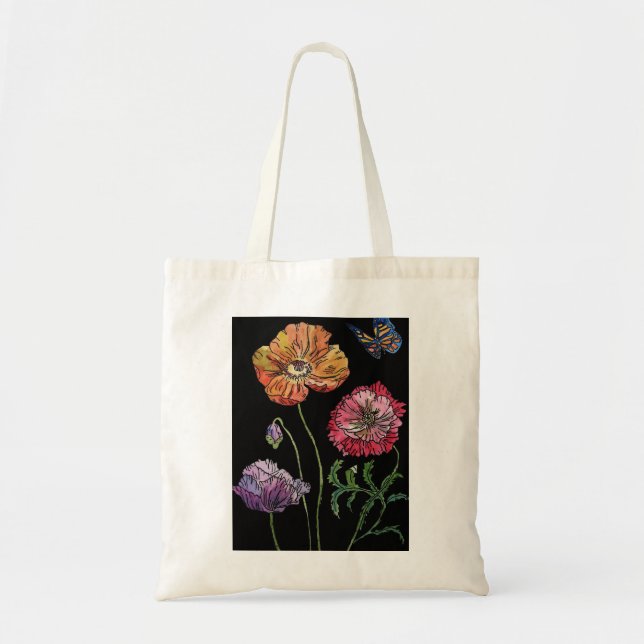 Pretty Poppies on Black Watercolour Painting Tote Bag (Front)