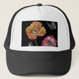 Pretty Poppies on Black Watercolour Painting Trucker Hat