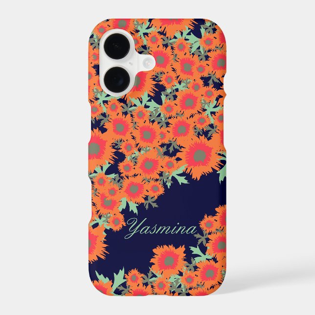 Pretty poppy orange blue damask name iphone case (Back)