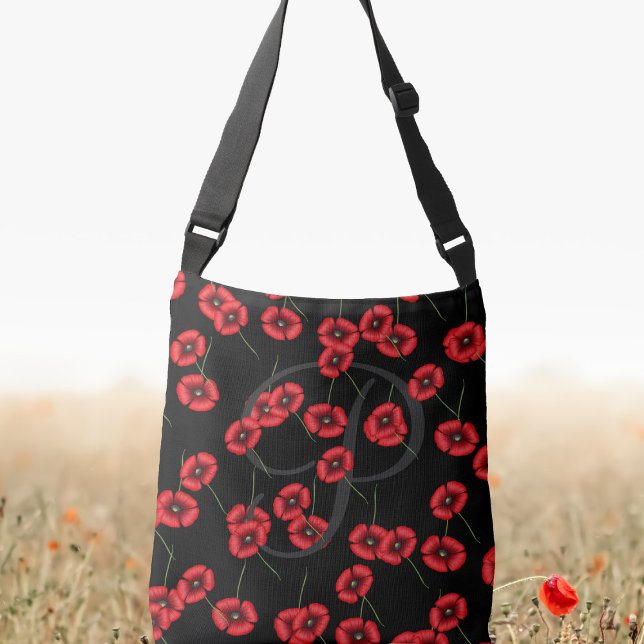 Pretty Poppy Pattern Red and Black Crossbody Bag (A pretty poppy crossbody bag with space for your initial)