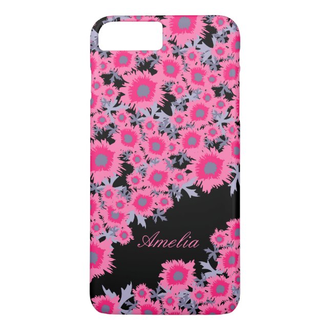 Pretty poppy pink black damask name iphone case (Back)