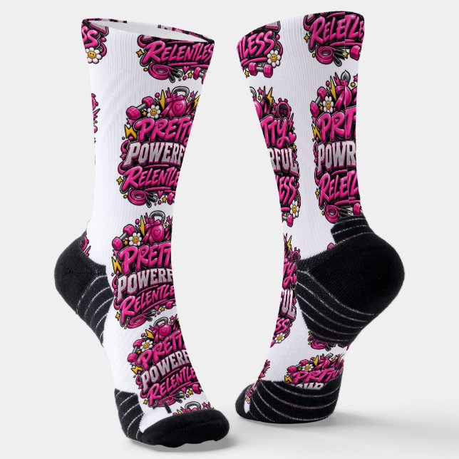 Pretty Powerful Relentless Pink Gym Quote Design Socks (Angled)