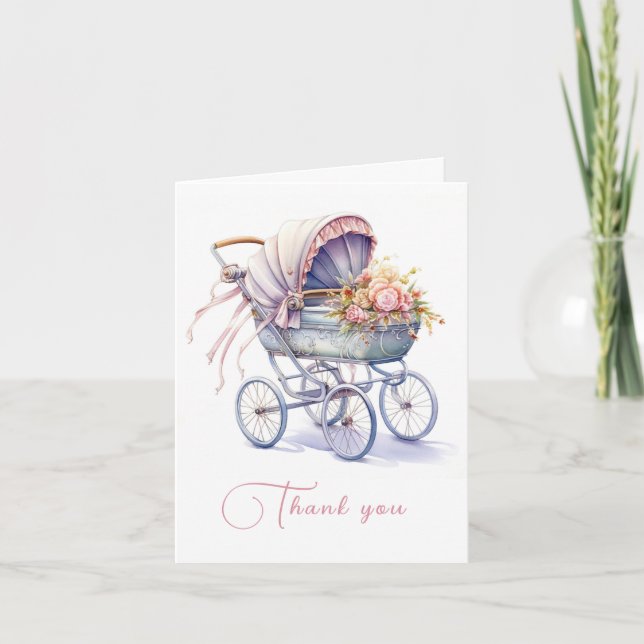 Pretty Pram with Flowers Thank You Card (Front)