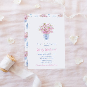 Pretty Preppy Pink Blue Chinoiserie Wedding Shower Invitation
