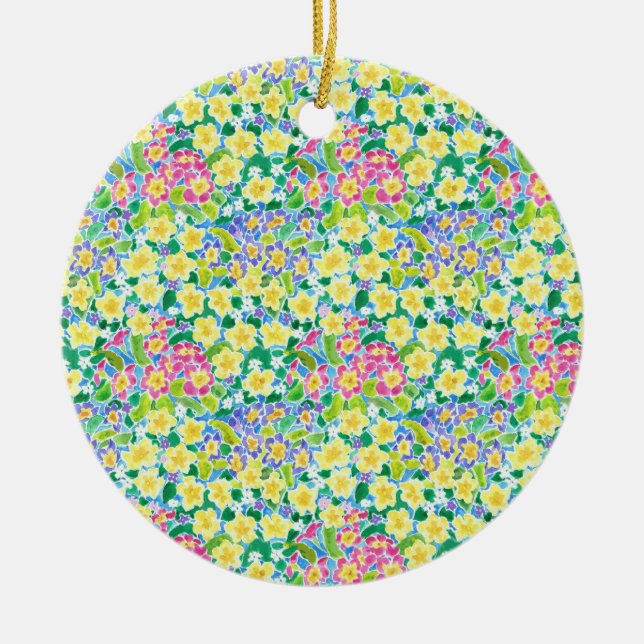 Pretty Primroses Round Ceramic Ornament for Spring (Front)
