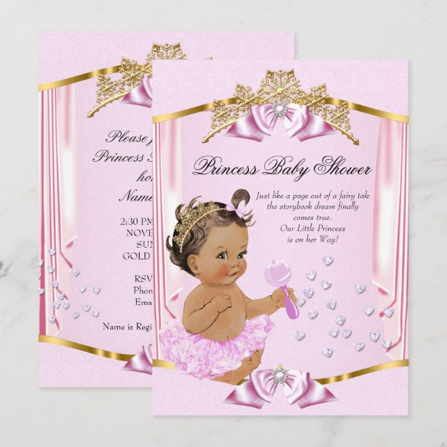Pretty Princess Baby Shower Pink Gold Brunette Invitation (Front/Back)