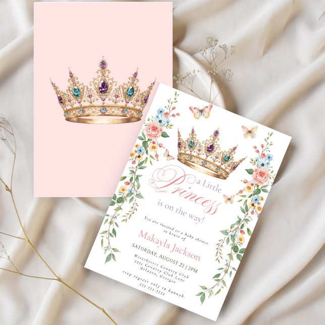 Pretty Princess Gold Crown Pink Floral Baby Shower Invitation (Creator Uploaded)