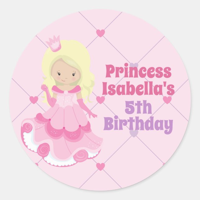 Pretty Princess Pink Blonde Girl Birthday Party Classic Round Sticker (Front)