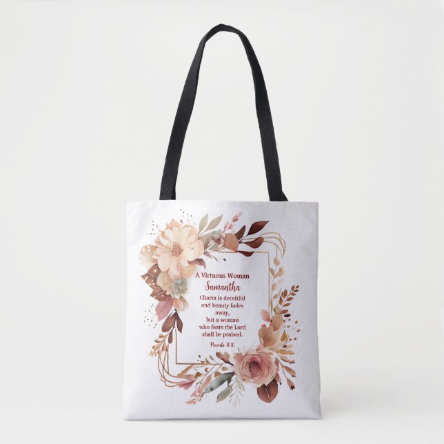 Pretty Proverbs 31 Woman Personalised Christian Tote Bag (Front)