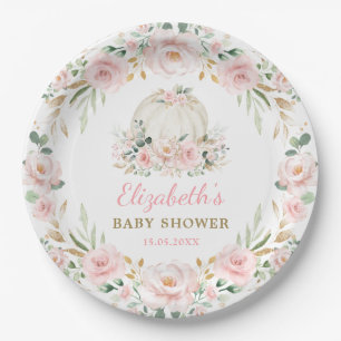 Pretty Pumpkin Blush Pink Floral Wreath Baby Girl Paper Plate
