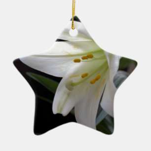 Pretty, pure white Easter lily flower in black Ceramic Ornament