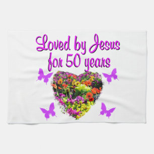 PRETTY PURPLE 50TH BIRTHDAY DESIGN TEA TOWEL