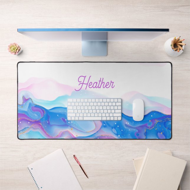 Pretty Purple and Blue Ink Swirls Personalised Desk Mat (Office 1)
