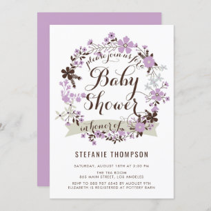 Pretty Purple and Grey Floral Wreath Baby Shower Invitation