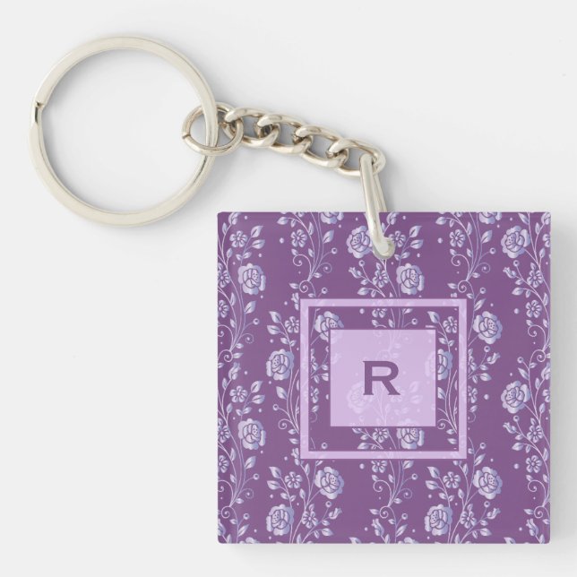 Pretty Purple and Lilac Pretty Floral Monogram Key Ring (Front)
