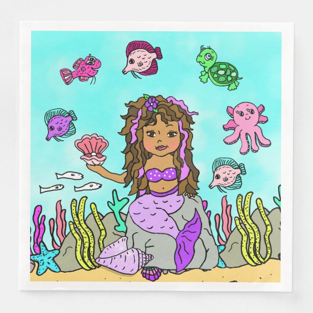 Pretty Purple and Pink Ethnic Mermaid Birthday Napkin (Front)