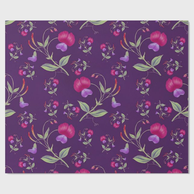 Pretty Purple and Pink Floral Pattern Wrapping Paper (Flat)