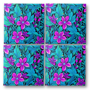 Pretty Purple and Teal Blue Floral Ceramic Tile