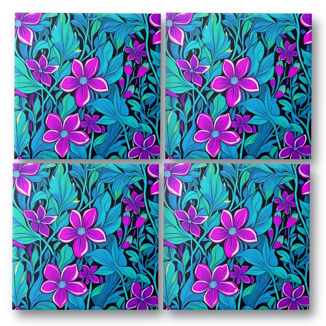 Pretty Purple and Teal Blue Floral Ceramic Tile (Creator Uploaded)