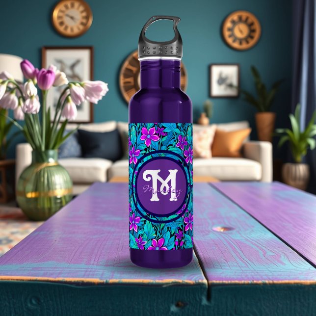 Pretty Purple and Teal Blue Floral Personalised 710 Ml Water Bottle (Creator Uploaded)