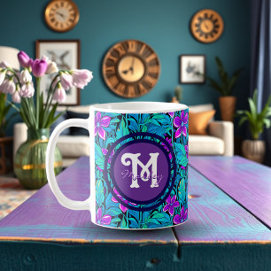 Pretty Purple and Teal Blue Floral Personalised Coffee Mug