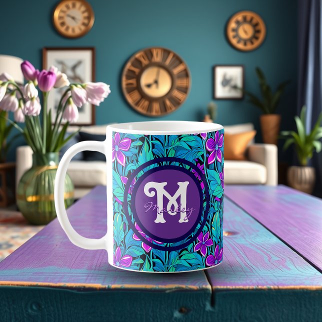 Pretty Purple and Teal Blue Floral Personalised Coffee Mug (Creator Uploaded)