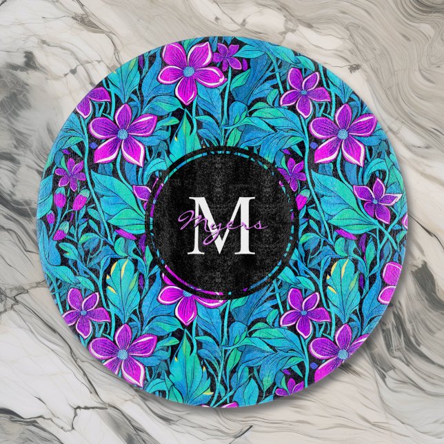 Pretty Purple and Teal Blue Floral Personalised Cutting Board (Creator Uploaded)